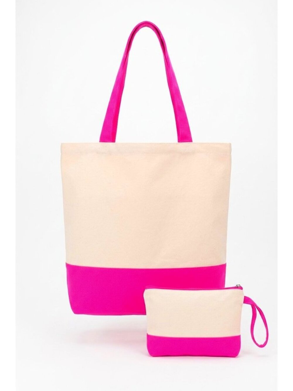 Canvas Tote Bag With Matching Pouch In Beige & Hot Pink (SKU#0509)
